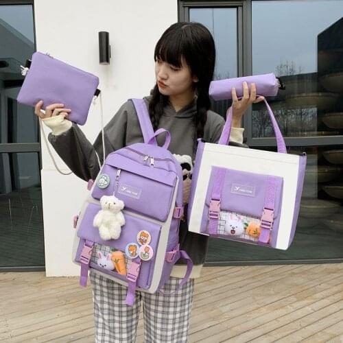 4 Pcs Sets Women Backpack Kawaii Student School Bags For Teenager Girls 2021 Childrens Book Bag Rucksack Kids Travel Backbag