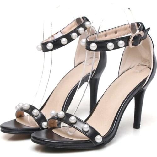 Big Size 9 10 11-16 high heels sandals women shoes woman summer ladies Word buckle with pearly open toe cover