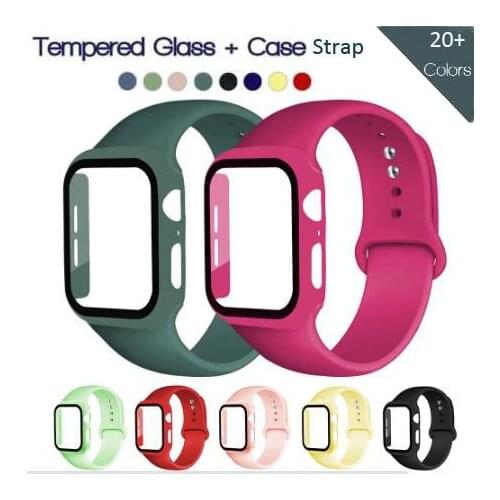 Glass Film+PC Case+Silicone Strap For Apple Watch Band 44mm 40mm 42mm 38mm Rubber band bracelet for iWatch series 6 SE 5 4 3 2