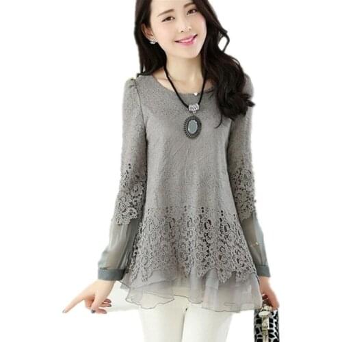 Women Long Crochet Lace Ruffle Blouse Long Sleeve Tunics Plus Size Ladies Black White Shirt Female Loose Lace Tops