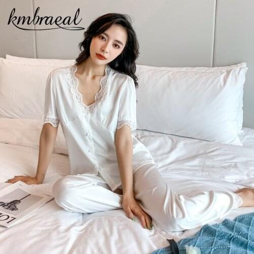 Womens Pajamas Summer Women Ice Silk Suit Short-sleeved Pants Set Woman 2 Pieces Pure Color Leisurewear Home Suit for Women New