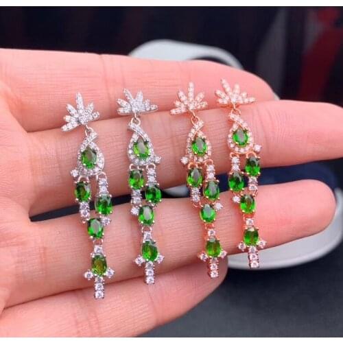 Fashion long tassels geometry natural green diopside drop earrings Natural gemstone earrings 925 silver female party jewelry