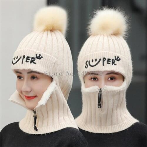 Female Winter Knitted Hats Add Fur Lined Warm Winter Hats for Women with Zipper Keep Warmer Balaclava Pompoms Cap Women Hats