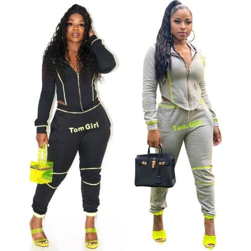 Solid Color Patchwork Letter Print Zipper Hooded Coat & Pencil Trousers Women Autumn New Tracksuits Sports Casual 2 Set