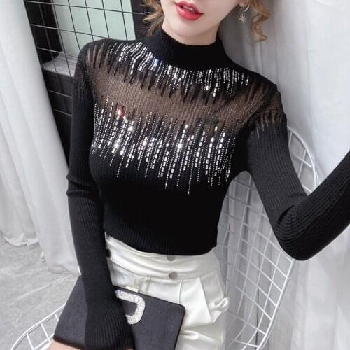 Half High Collar Hollow Pullover Sweaters Women 2021 Spring Autumn Fashion All-Match Net Yarn Stitching Knitting Sweater Female