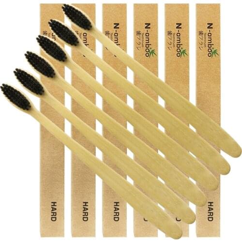 6 Pieces Black Manual Toothbrush Adult Toothbrush Bamboo Toothbrush Wood toothbrush Hard Toothbrush Hard-bristle Wooden Handle