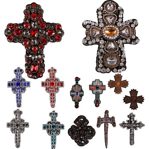1piece DIY Craft Beaded Crystal Rhinestones Cross Design Patches Applique Sew on Clothes Bags Decorated TH507