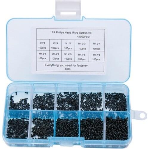 1000Pcs/set M1 M1.2 M1.4 M1.7 Mix PA Phillips Head Micro Screws Round Head Self-tapping Electronic Small Wood Screws Kit