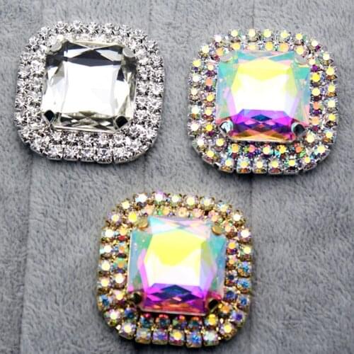 2pcs/lot Crystal AB Square Rhinestone Buttons for Sew on Garments,scrapbooking With costura sewing accessories With 4 Holes