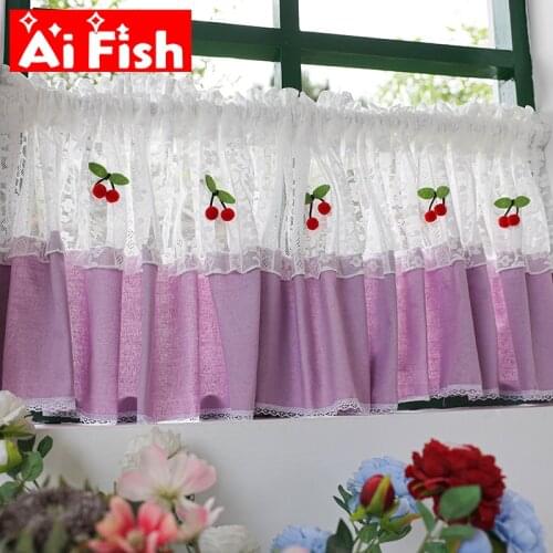 American Retro White Lace Tulle with purple cloth Splicing half Curtains Free Perforation Small Window Curtain Valance Drapes#5