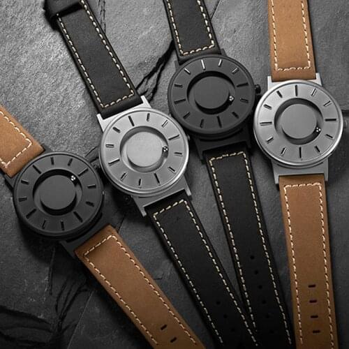 EUTOUR Magnetic Men Watch Canvas Leather Strap Band Mens Watches Metal Magnet Ball Quartz Wristwatches Fashion Male Clock Reloj