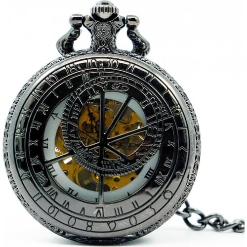 10pcs/lot Antique Roman Style Black Skeleton Mechanical Roman Dial Pocket Watch with Chain Men Women Pocket Watches