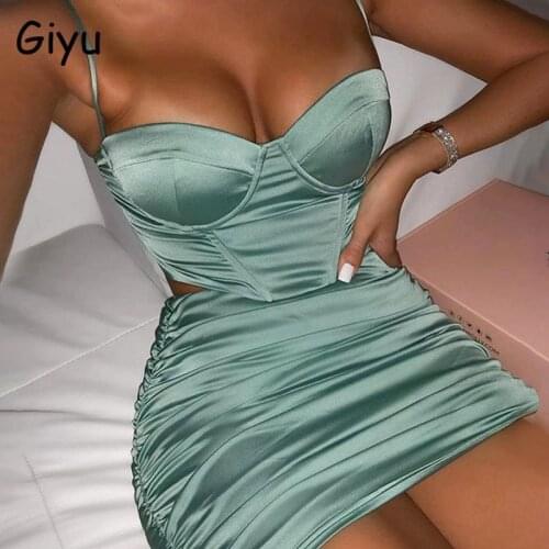 Giyu Sexy Club Party Satin Two Piece Set Spaghetti Strap Backless Crop Top Mini Skirts Set Autumn Sexy 2 Piece Set Women Outfits
