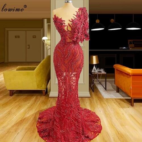 Plus Size Red Beading Evening Dresses Long Arabic Muslim Sexy Prom Dresses Women Party Night Kaftans Couture Celebrity Dresses