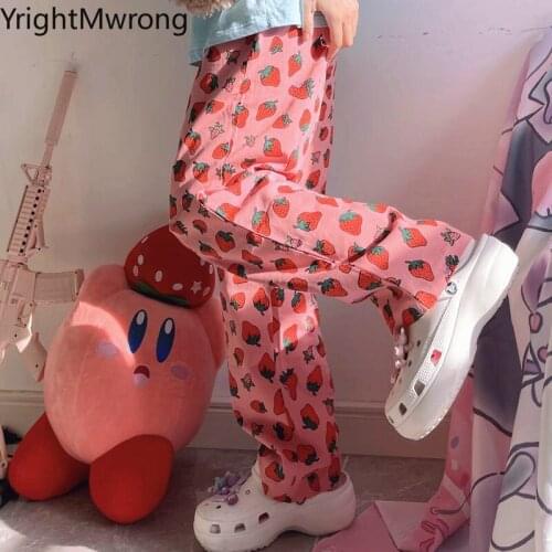 Strawberry Print Cute Elastic High Waist Pink Pant Women Teenager Student Girl Lolita Sexy Pretty Trouser Fashion Korean Summer