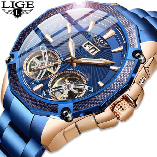 LIGE Business Automatic Mens Watches Top Brand Luxury Tourbillon Men Mechanical Wristwatch For Man All Steel Waterproof Clock
