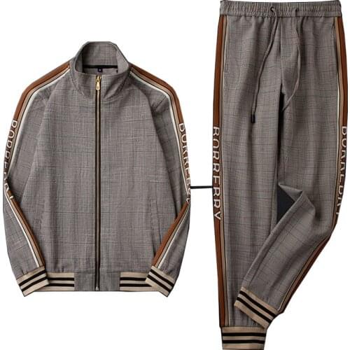 Khaki autumn and winter mens sports suit new trendy plaid stand collar jacket trousers casual jacket