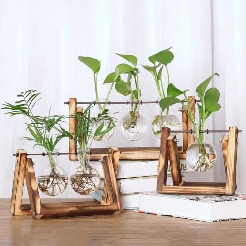 Desktop Clear Glass Planter Bulb Vase Terrarium Retro Wood Stand Home Decor with Mini Bulb Shape Vase with Wooden Stand