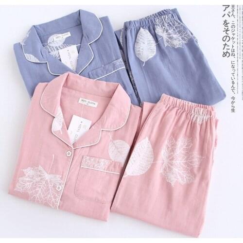 21Maple Leaf Japan new thin pure cotton pajamas for ladies spring and summer cotton double gauze long sleeve trousers home suit