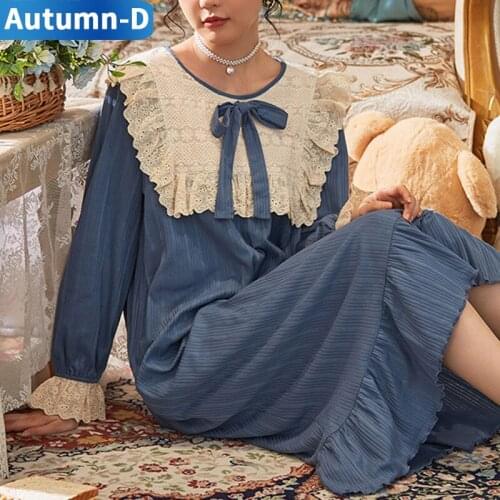 Autumn Womens Pajamas Cotton Night Dress Women Plus Size Nightgown Retro Nightdress Lace Home Clothes Long Sleeve Femal Nightie