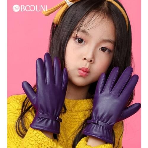BOOUNI Genuine Leather Children Gloves Autumn Winter Warm Velvet Lined Kids Girls Sheepskin Gloves Five Fingers NW103