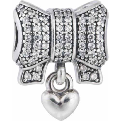 Heart Pendant Cubic Zirconia Bow knot Charm Beads 925 Sterling Silver Christmas Charms Fits Pandora Bracelet Diy Brand Jewelry