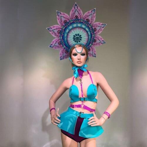 Festival Outfit Sexy Bikini Exaggerated Headdress Stage Performance Clothing Nightclub Women Cosplay Party Rave Wear DNV13003