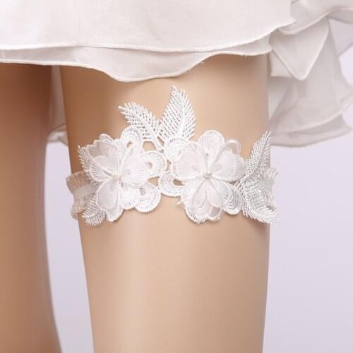 Wedding Garter Rhinestone Beading White Embroidery Floral Sexy Garters for Women/Female/Bride Thigh Ring Bridal Leg Garter