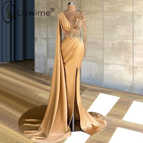 Champagne Long Sleeves Mermaid Evening Dresses 2021 Saudi Arabia Robes Ruched Beaded Satin Prom Party Gowns Customized
