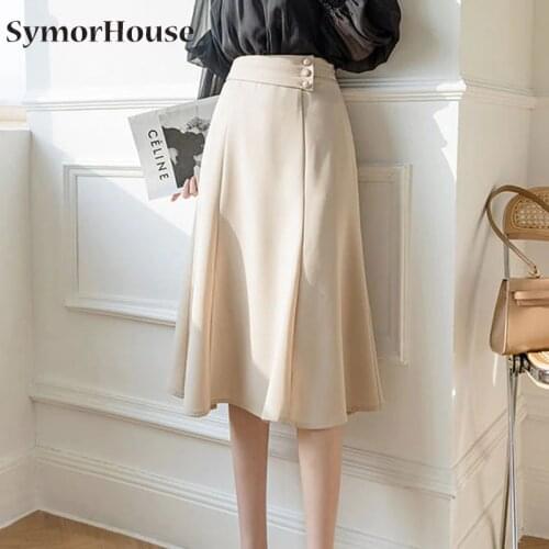 Womans A Line Skirt Solid Color Midi Irregular 2021 Vintage Casual Slim Black Fashion Knee length Skirts Women