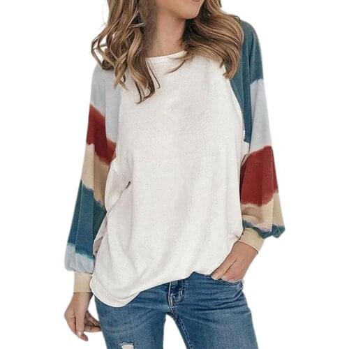 New Autumn Long Sleeve Splicing Print Women Blouse Long Sleeve Winter O-Neck Loose Elastic Cuff Pullover Tops Streetwear