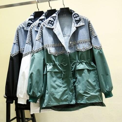 Women Denim Jackets 2021 Spring Autumn Letter Embroidery Windbreakers Female Rivet Splice Jeans Coats Loose Long Overcoat Pocket