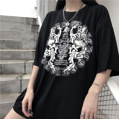 2020 Summer New Korean Women T Shirts Harajuku Dragon Letter Print Ulzzang Female T Shirt Streetwear O Neck Short Sleeve Tee