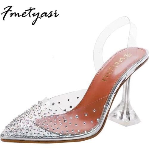 High-heeled Stiletto Sandals for Women Slip-on Pointed Toe Rhinestone Crystal Shallow Transparent Heels Comfortable Cover Heel
