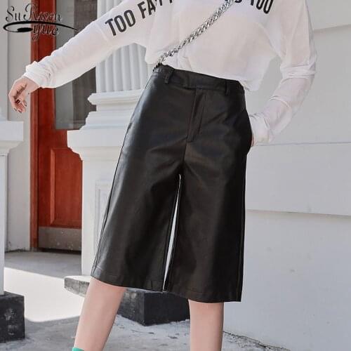 2021 High Waist Motor Five Point Trouser Plus Size British Style Autumn Womens PU Leather Short Casual Straight Overalls 11334