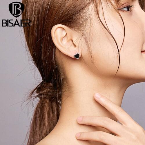 BISAER Black Heart Stud Earrings Real 925 Sterling Silver Synthetic Agate Small Earrings For Women Wedding Jewelry 2020 ECE915