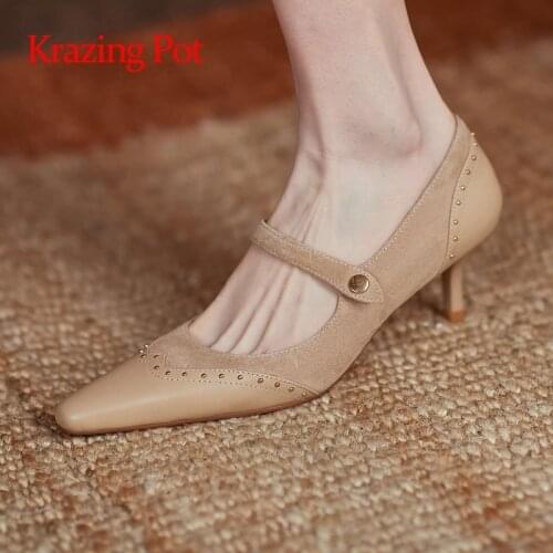 Krazing Pot new genuine leather little square toe thin high heels retro fashion buckle strap brand shoes elegant women pumps L75