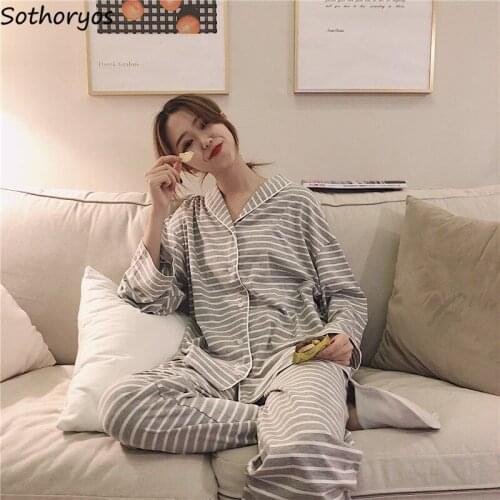 Striped Women Pajama Sets Long Sleeve Comfortable Leisure Fashion Homewear Spring Simple Cotton Outwear Retro Students Ulzzang