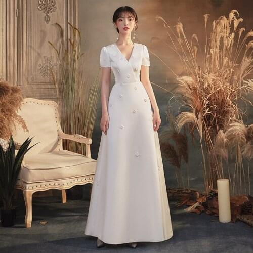 2021 Summer Elegant Beading Evening Dresses Women V-neck Wedding Dress Sexy White Satin A-line Formal Party Gown Vestidos