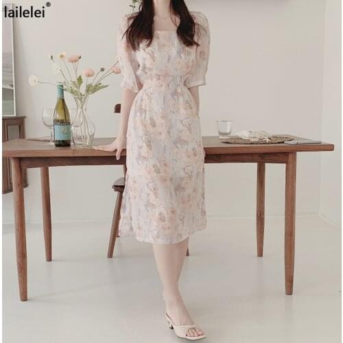 Square Collar Floral Chiffon Dress Midi Vestidos De Verano Beach Dresses For Women 2021 Elegant Pink Puff Sleeve Yellow A-Line