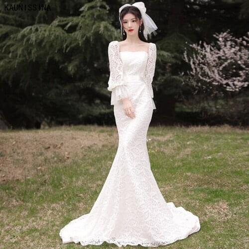 KAUNISSINA Luxury Lace Mermaid Wedding Dresses Square Collar Court Train Beach Bride Gown Elegant Back Bow Bridal Dress Vestidos