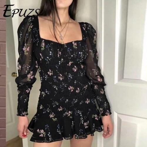 Vintage black chiffon summer dress women Sexy floral print boho dress elegant long sleeve short beach dress 2019 korean vestidos