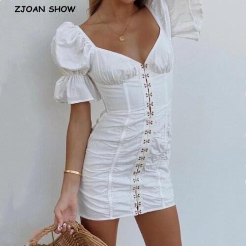 2021 Hook Buttons Ruched Sexy Women Mini Dress White Ladies Short Puff Sleeve Bodycon Package hips Short Dresses Holiday Cotton