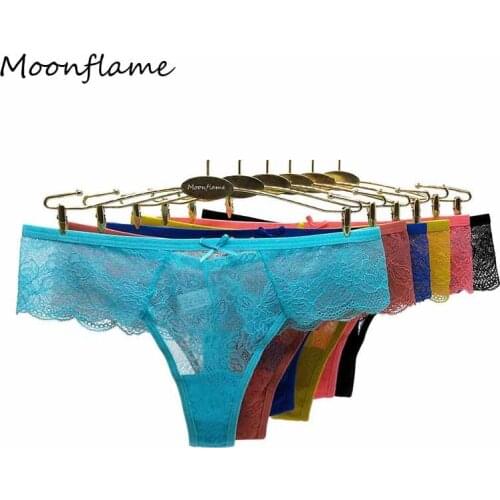 Moonflame 5 Pcs/Lot 2021 Hot Sale Underwear Womens Sexy Transparent Lace Cotton Thongs Panties M L XL 87403