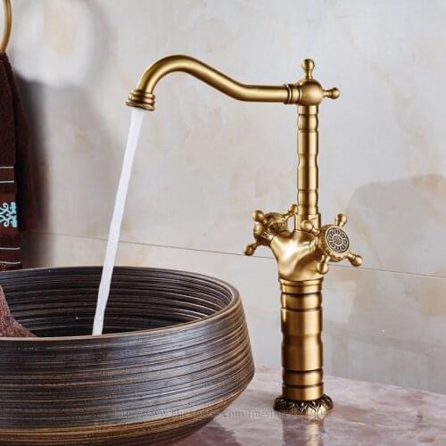 Antique Brass Tall Bathroom Basin Faucet Siink Mixer Taps Crane Hot Cold Water Tap
