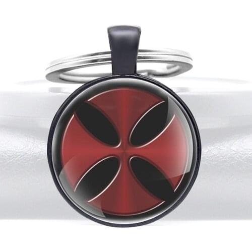 Black Classic Knight Templar Cross Design Glass Cabochon Metal Key Chain Charm Men Women Key Ring Jewelry Gifts Keychains