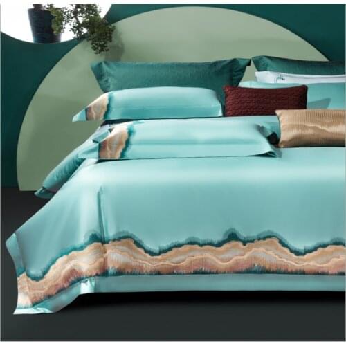 Green/Light Blue Bedding Set Luxury Flat Sheet For Bedroom 4Pcs Embroiderey Bed Linen Duvet Cover