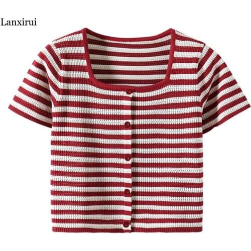 Summer Women Striped T-Shirt Knitted Square Collar Short Sleeve Slim Thin Kintwear Hollow Out Chic Ladies Crop Tops A-003