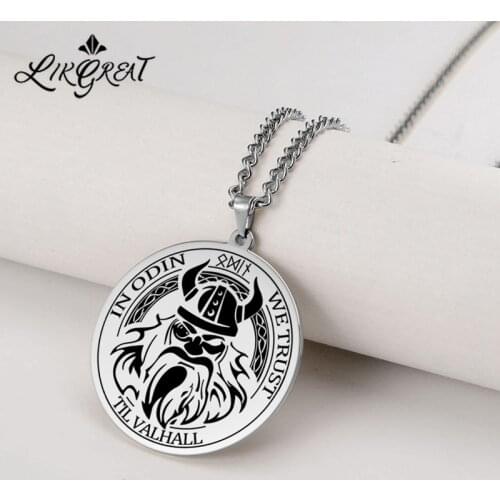 LIKGREAT Viking Norse God Odin Axe Helmet Pendant Necklaces for Men Stainless Nordic Amulet Taliman Wicca Jewelry Gift Friends
