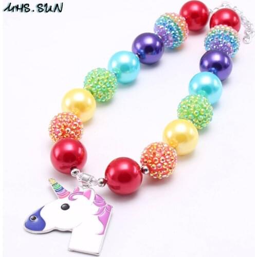 MHS.SUN Fashion deisgn chunky beads necklace with cute unicorn pendants rainbow color acrylic beads chunky necklace for children